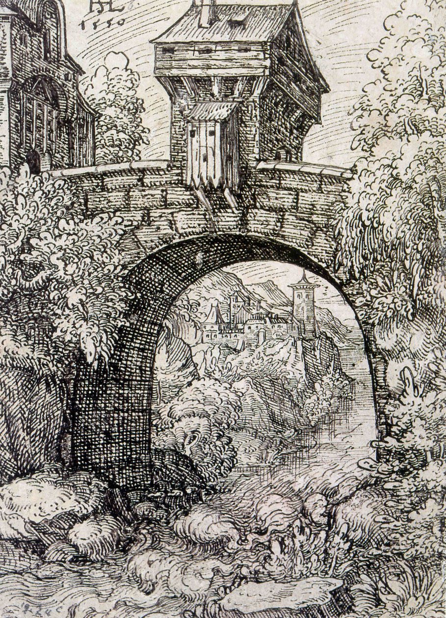 Landschaft mit Brückentor und Wasser, ca. 1550 von Hanns Sebald Lautensack