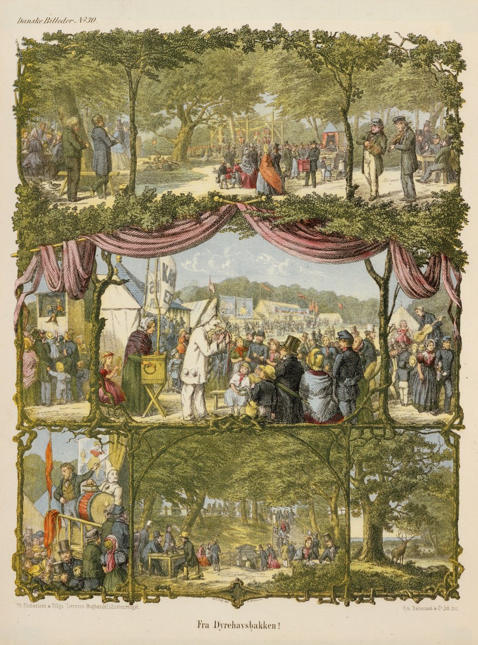 Szene von einem dänischen Jahrmarkt, Fra Dyrehavsbakken, aus einem Flugblatt veröffentlicht von Michaelsen & Tillage, 1850 von Hans Christian Ley