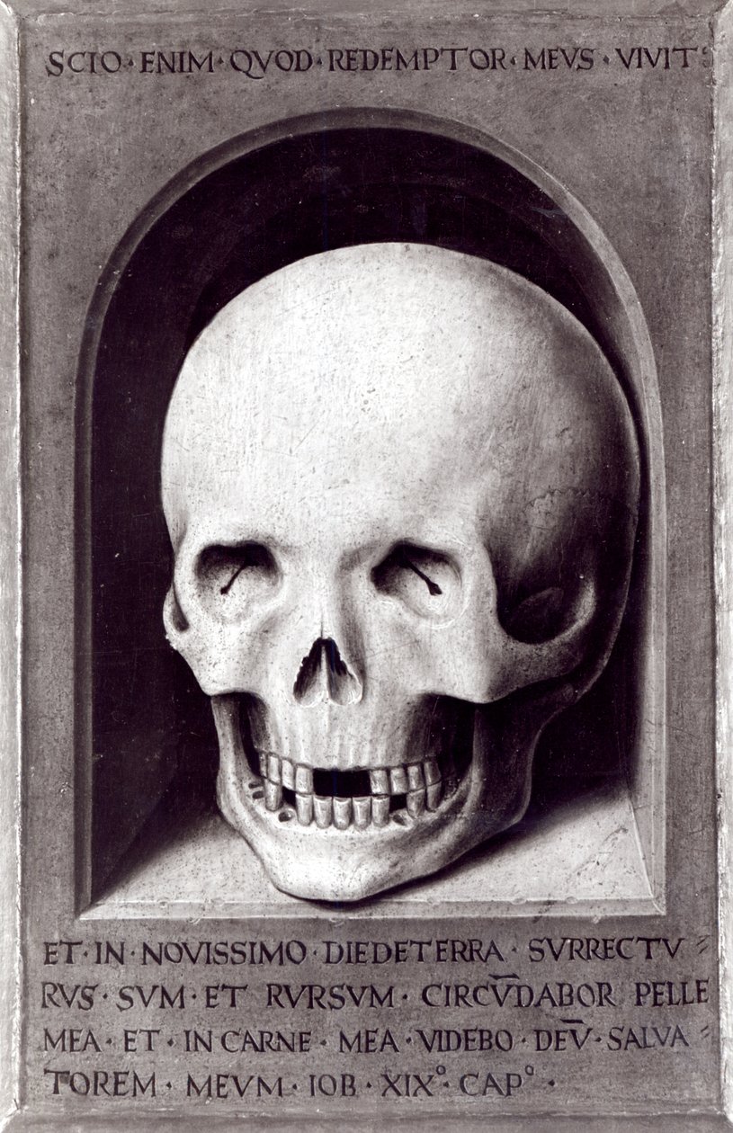 Schädel, rechte Tafelrückseite vom Triptychon der irdischen Eitelkeit und göttlichen Erlösung, um 1485 von Hans Memling