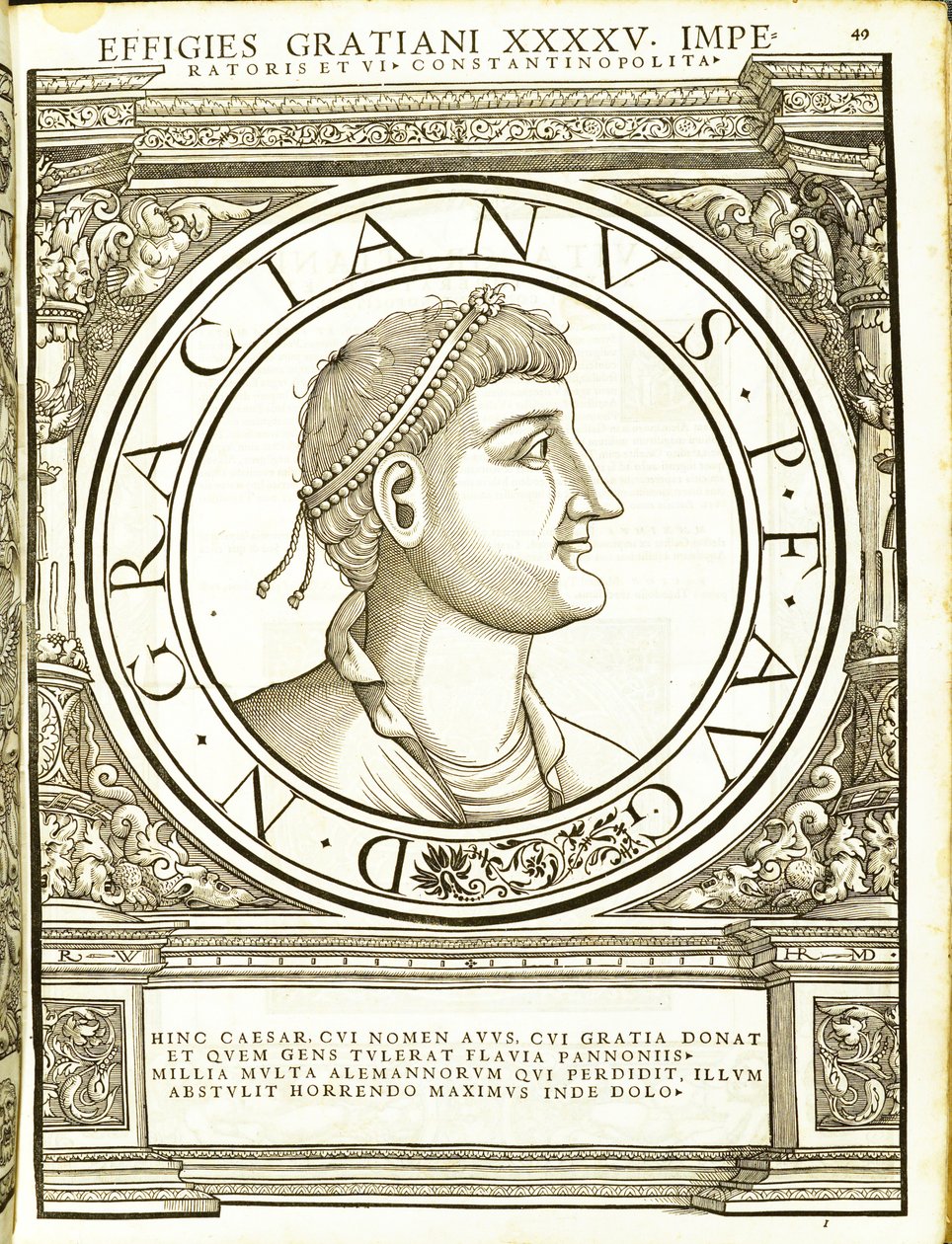 Gratianus, Illustration aus Imperatorum romanorum omnium orientalium et occidentalium verissimae imagines ex antiquis numismatis von Hans Rudolf Manuel Deutsch