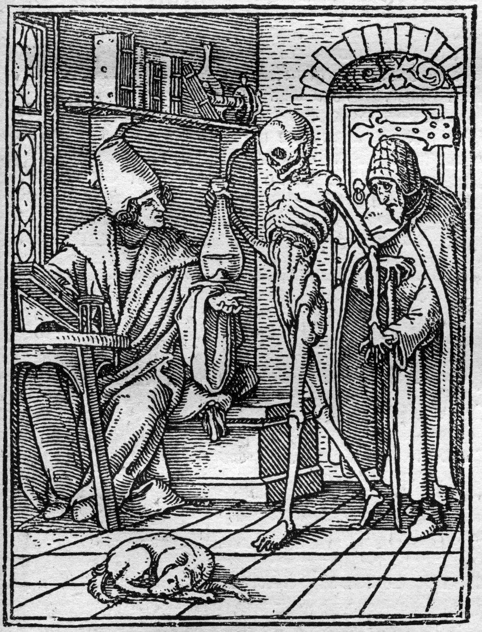 Die Simulakren des Todes von Hans Holbein dem Jüngeren: der Arzt. Der Tod kommt zwischen den Arzt und seinen Patienten. Gravur von Hans (after) Holbein the Younger