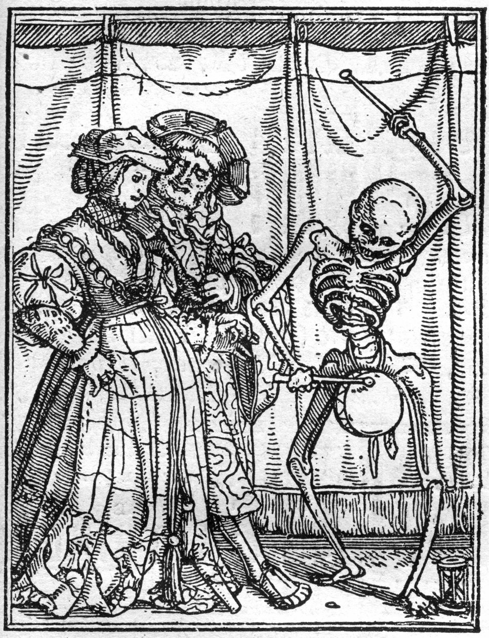 Die Simulakren des Todes von Hans Holbein dem Jüngeren (1497-1543): die Eheleute. Der Tod spielt die Trommel vor einem Paar. Gravur. von Hans (after) Holbein the Younger