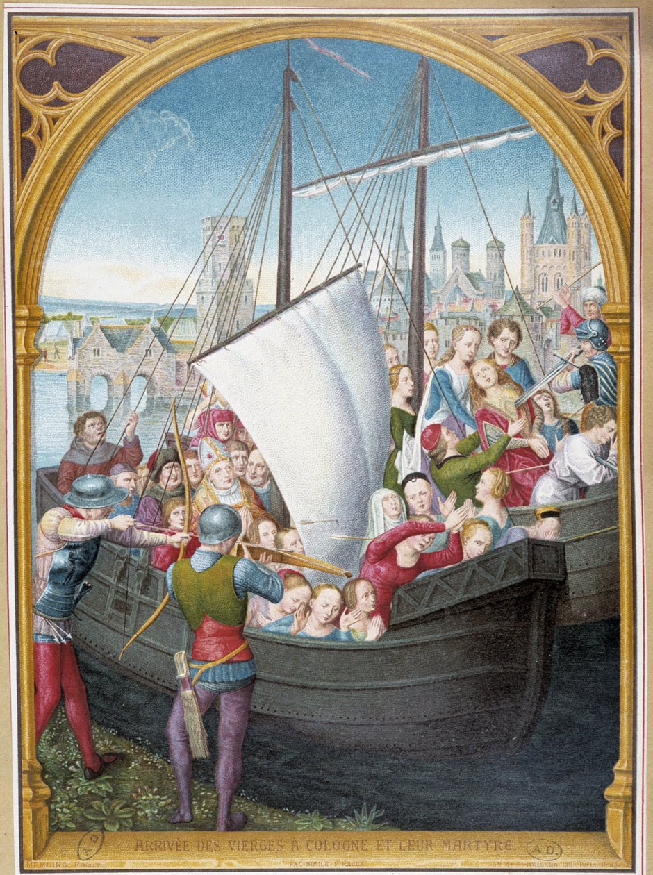 Landung der Jungfrauen in Köln und ihr Martyrium, nach dem Schachspiel der heiligen Ursula, Brügge, von Memling von Hans (after) Memling