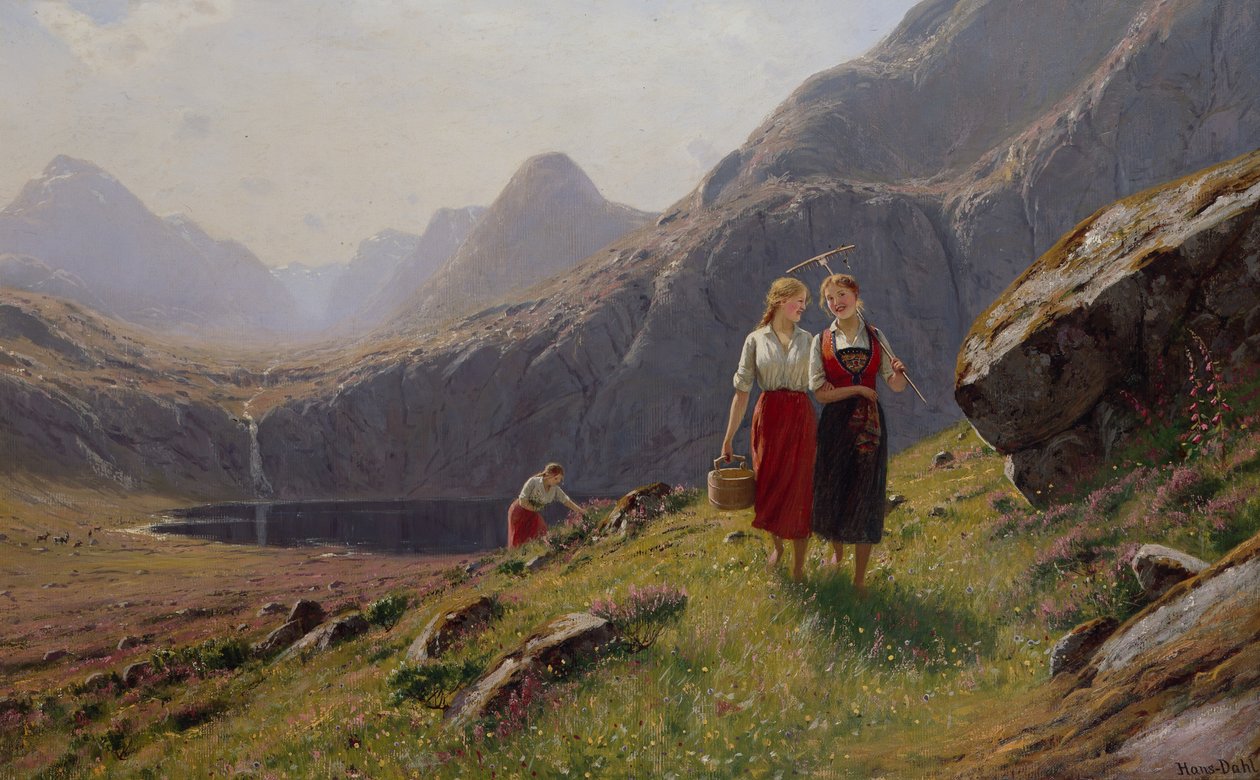 Drei Mädchen am Bergsee in Westnorwegen von Hans Andreas Dahl