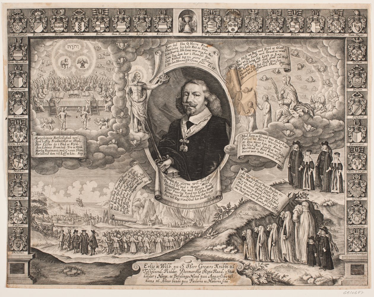 Gregers Krabbe zu Torstedlund umgeben von allegorischen Darstellungen und Wappenschildern von Hans Andreas Greys