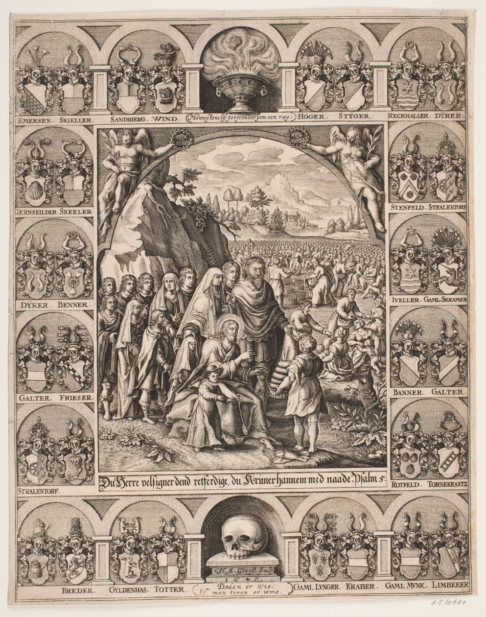 Christus speist die 5000. Umgeben von Jørgen Vinds Ahnenwappen von Hans Andreas Greys
