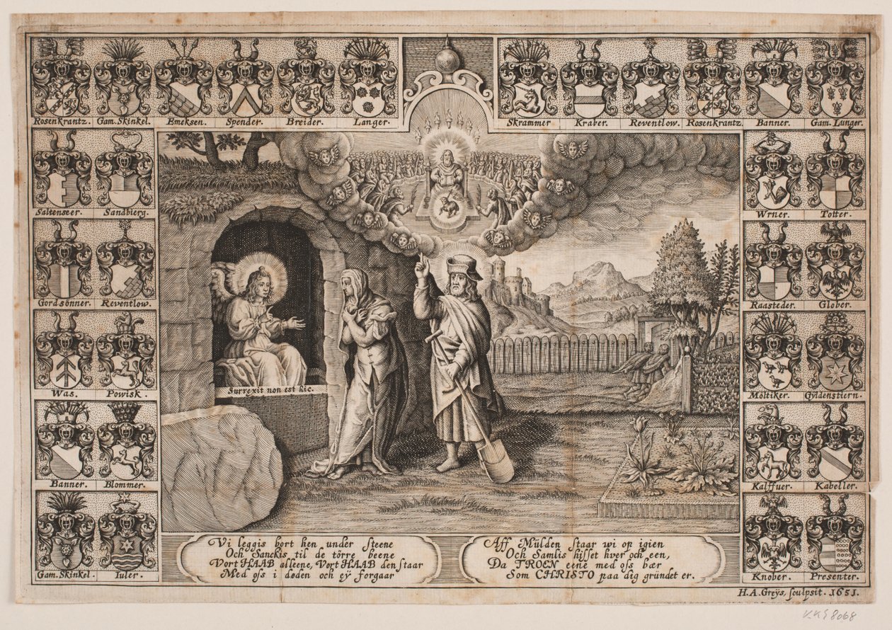 Titelblatt zur Leichenpredigt über Ida Langs mit Darstellung von Christus als Gärtner und Maria Magdalena von Hans Andreas Greys