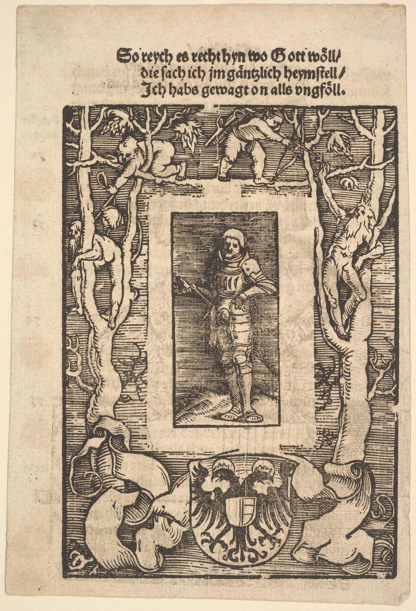 Titelrahmen mit Mann in Rüstung in der Mitte, 1513 von Hans Baldung