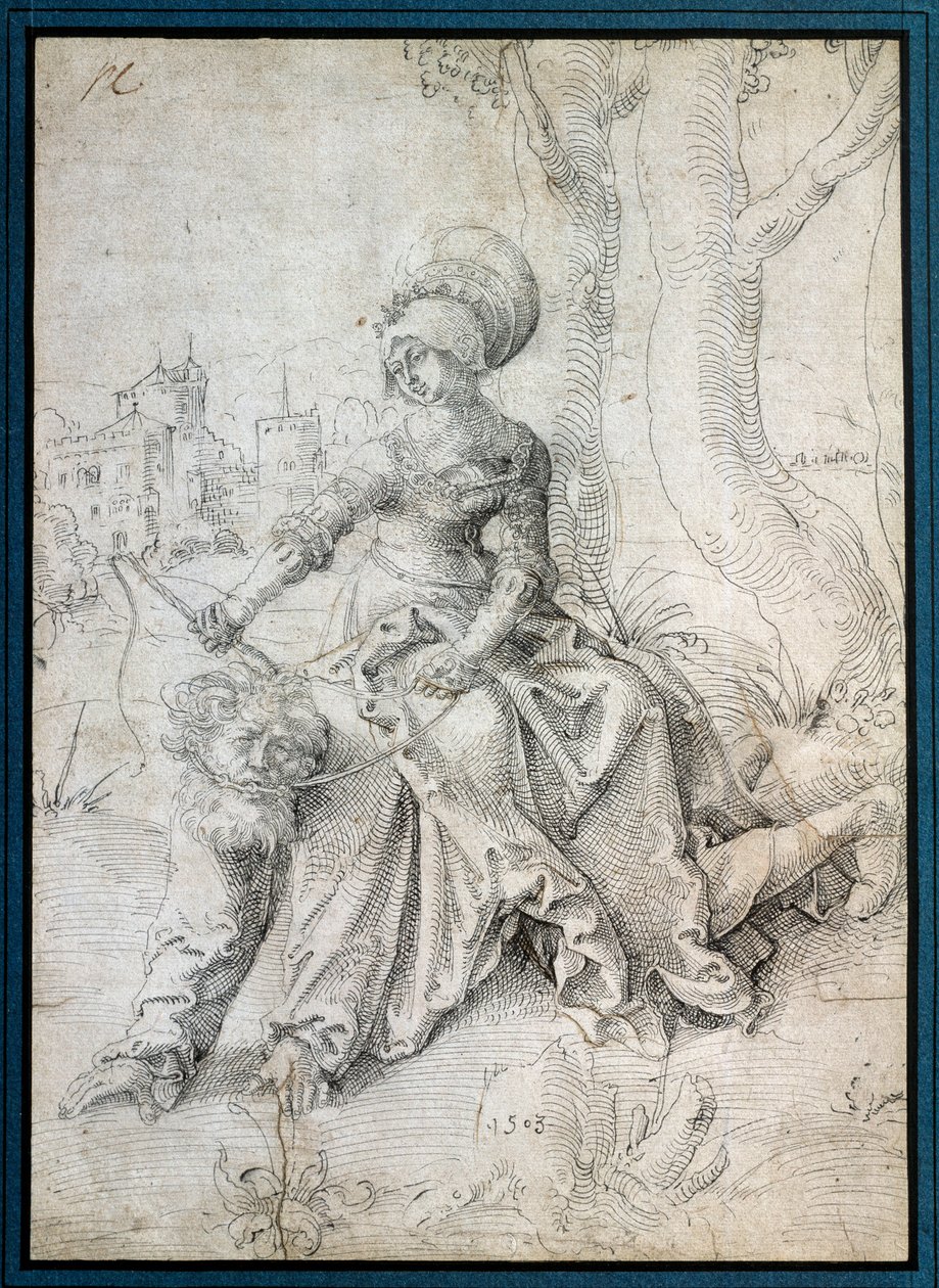 Die Frau reitet den Mann: Phyllis sitzt auf dem Rücken von Aristoteles, der auf allen Vieren geht. von Hans Baldung Grien