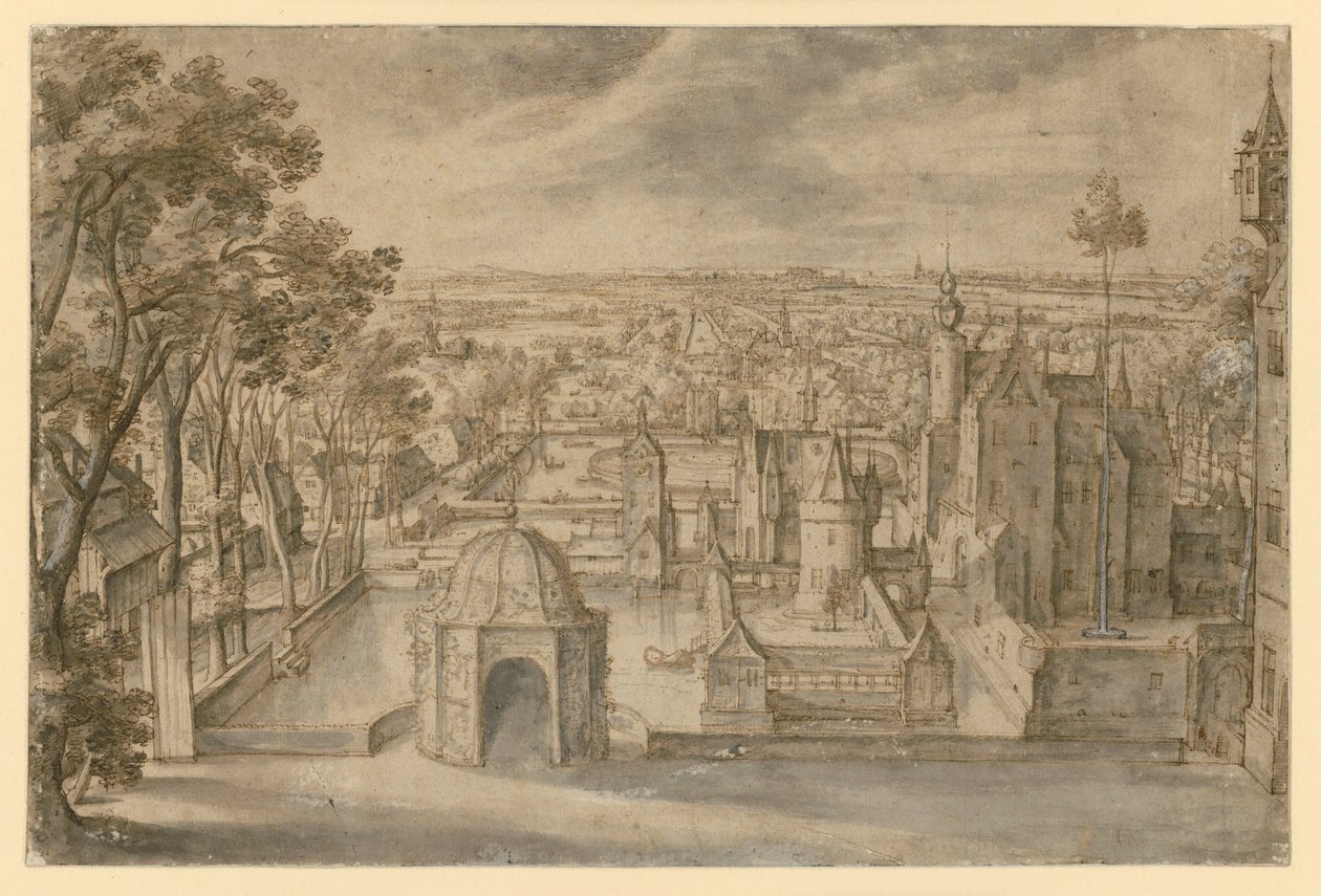 Ein Schloss mit mehreren Türmen in weiter ebener Landschaft zwischen Teichen. Ein runder Gartenpavillon in der Mitte des Vordergrundes. Links eine Allee von Hans Bol
