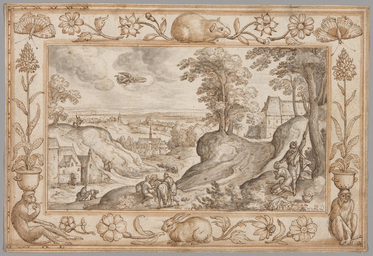 Landschaft mit dem Opfer des Isaak innerhalb eines dekorativen Rahmens aus Pflanzen und Tieren von Hans Bol