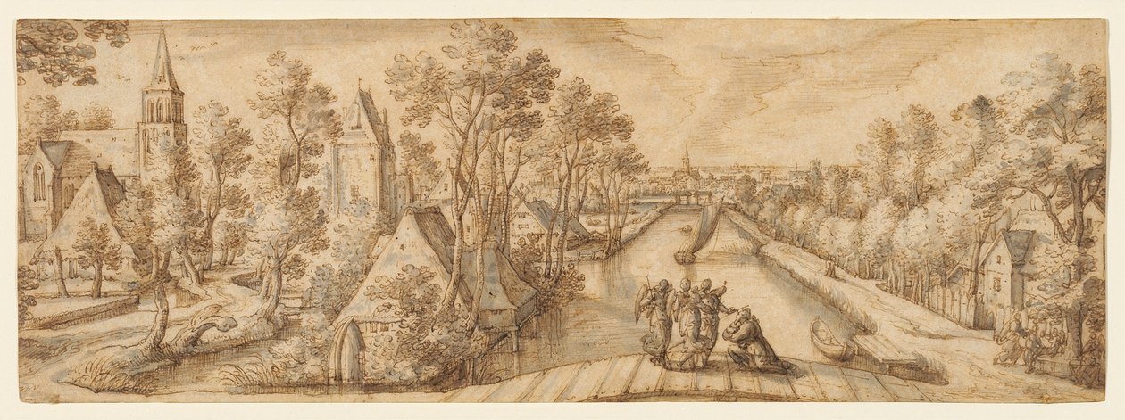 Ansicht von Delfgauw, mit Abraham und den drei Engeln von Hans Bol