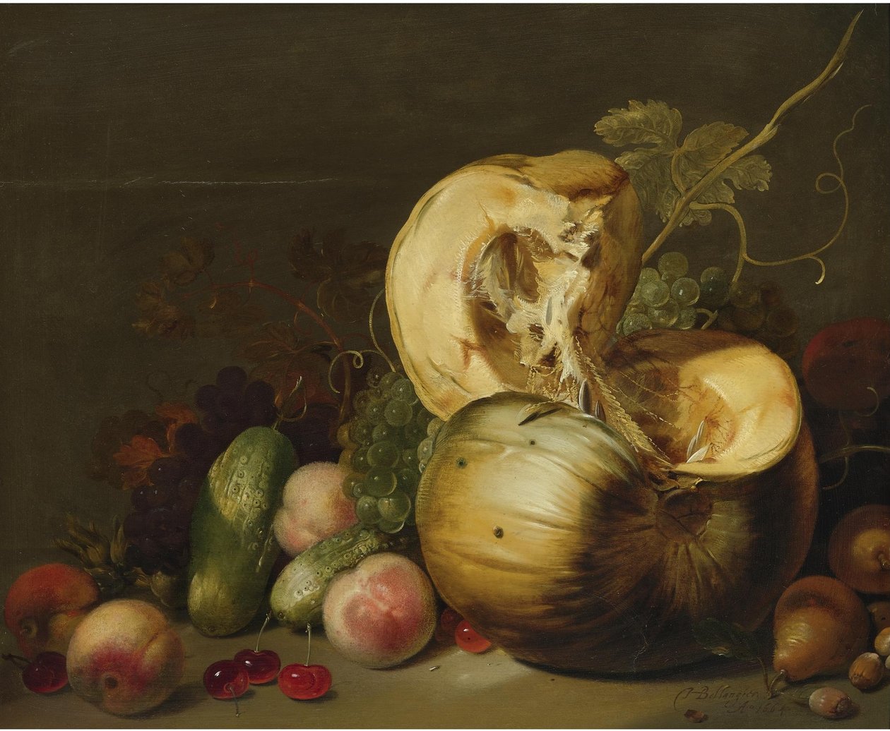 Stillleben mit einem Kürbis, Pfirsichen, Trauben, Kirschen und anderem Obst von Hans Bollongier