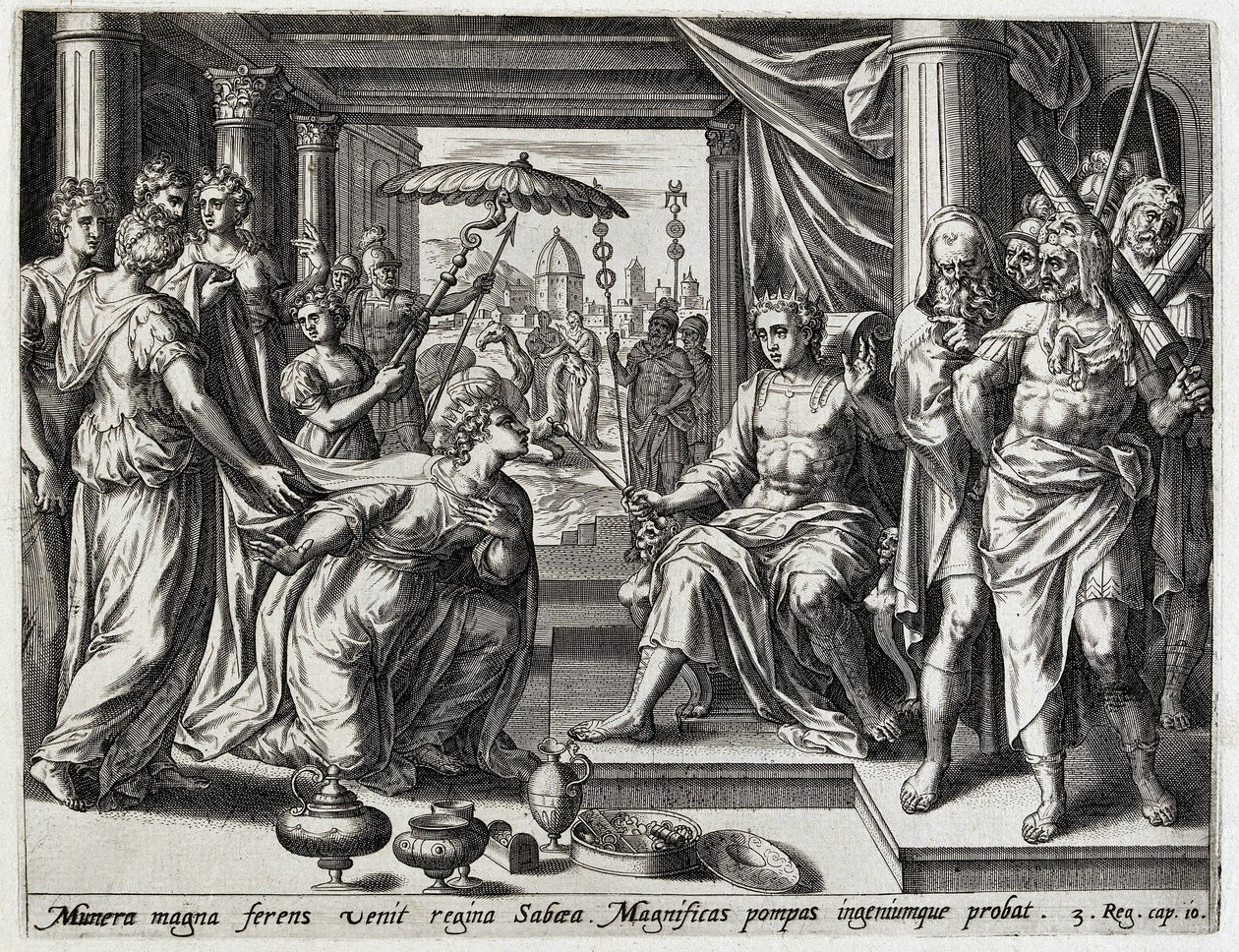 Salomo empfängt die Königin von Saba (Geschichte von Salomo) von Hans Collaert (I) (attributed to)