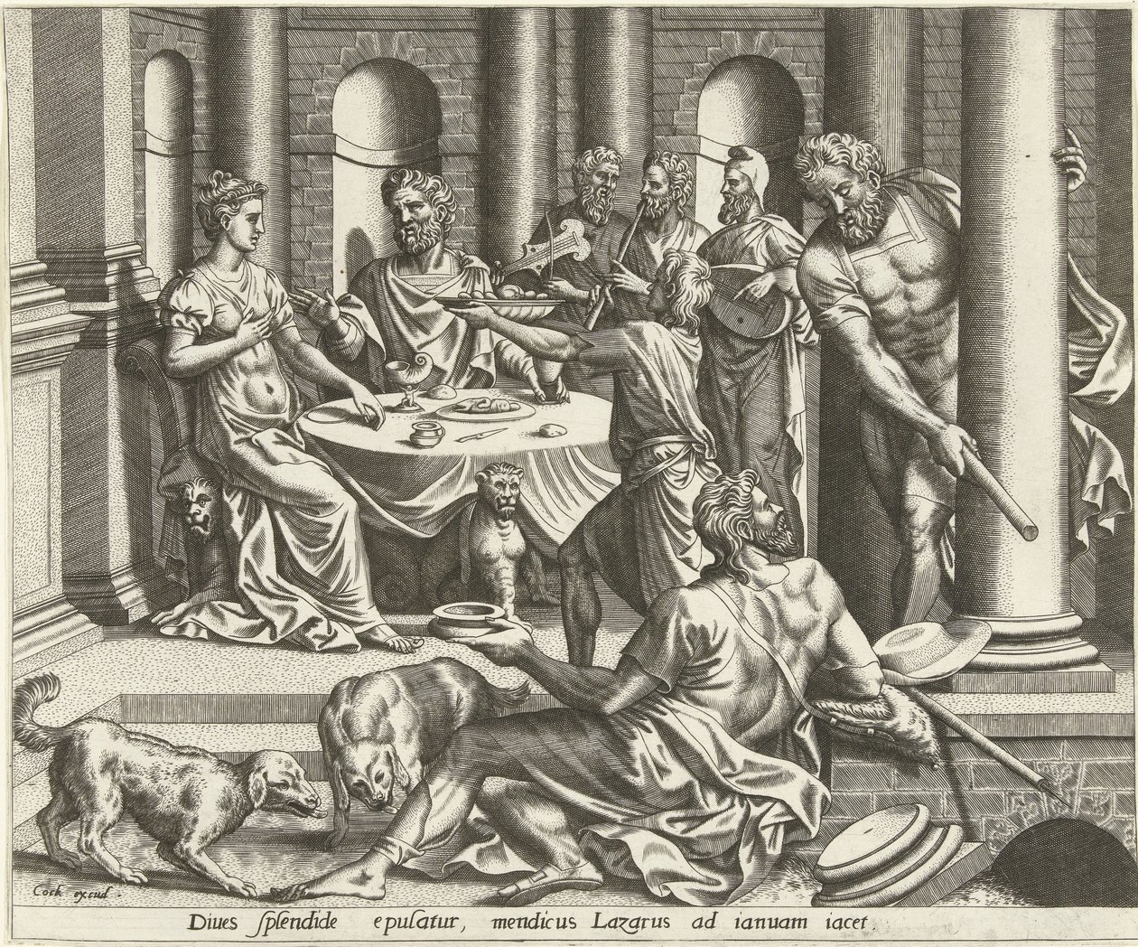 Lazarus bettelt vor dem Haus des reichen Mannes von Hans Collaert (I) (possibly)
