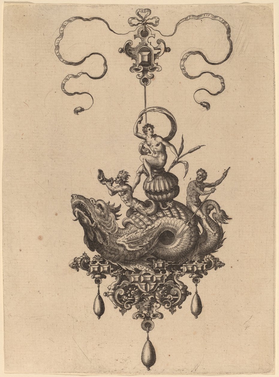 Entwurf für ein Anhänger mit Meeresungeheuer, das eine Frau auf einer Muschel trägt, flankiert von einem Triton und einem Mann mit einem Ruder von Hans Collaert the Elder