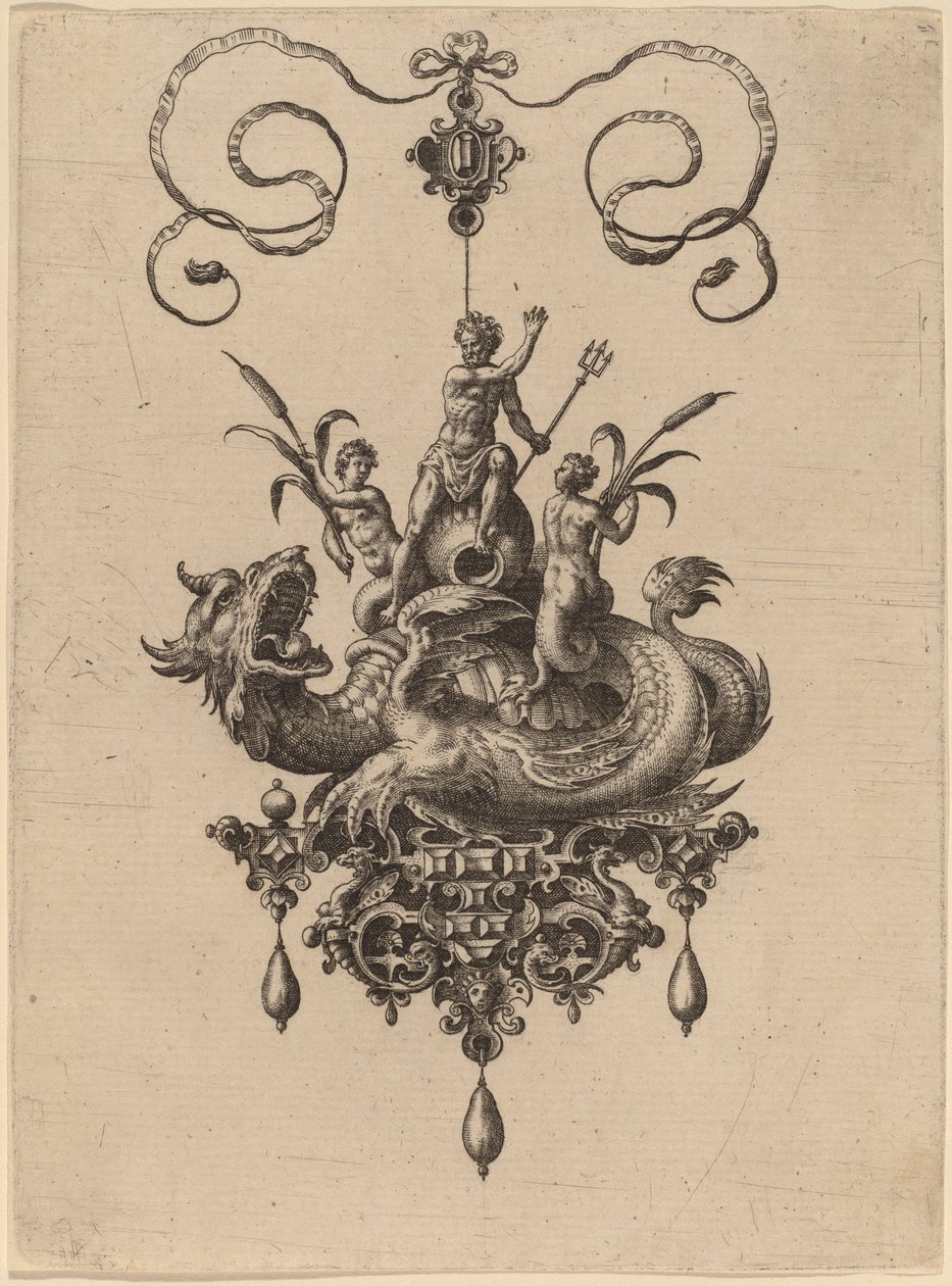 Entwurf für ein Anhänger mit einem Meeresmonster, das Neptun trägt, flankiert von zwei Nereiden von Hans Collaert the Elder