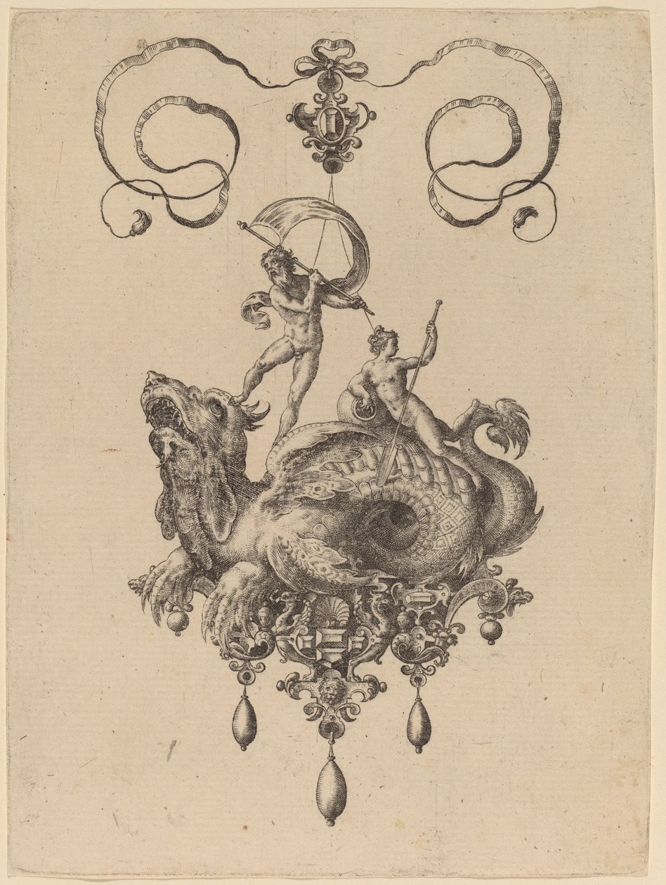 Entwurf für ein Anhänger mit einem Seeungeheuer, das Thetis und einen Mann mit einem Segel trägt von Hans Collaert the Elder