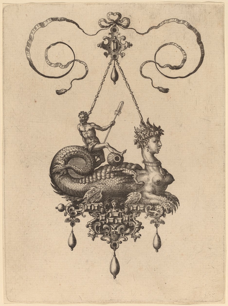 Entwurf für ein Anhänger mit einer Sphinx mit dem Körper eines Fisches, der einen Mann mit einem Ruder trägt von Hans Collaert the Elder