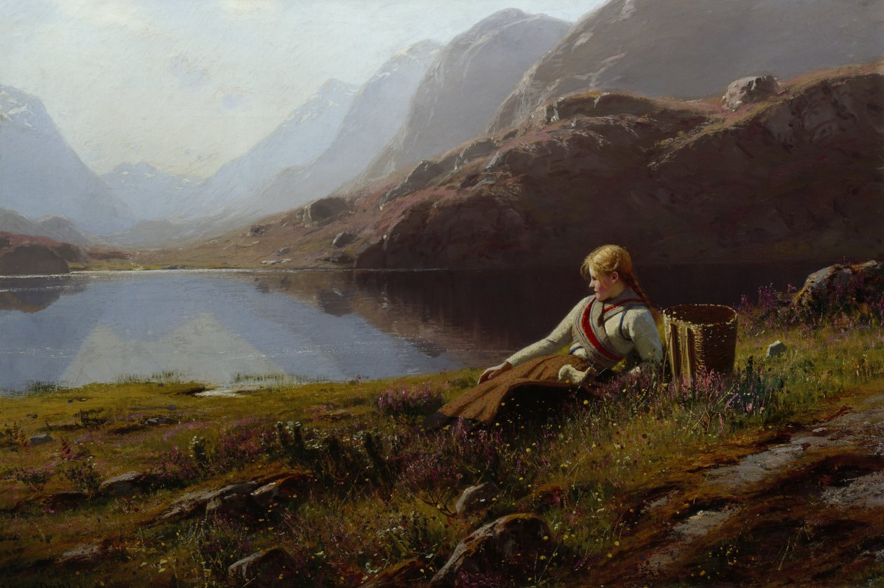 Mädchen strickt am Bergsee von Hans Dahl