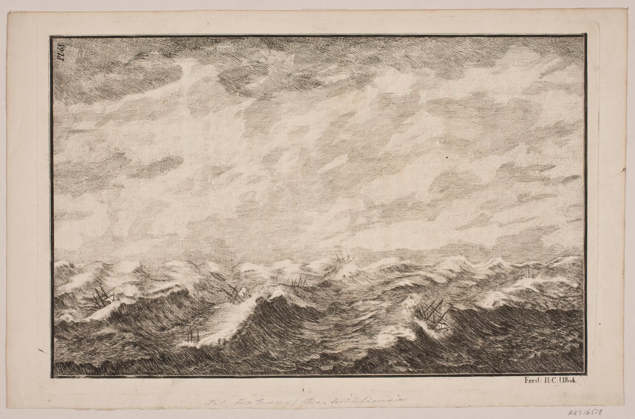 Schiffe in stürmischer See. Illustration zu Fontenay, "Söe-Evolution"; Kopenhagen 1743 von Hans Henrich Christian Ulrich