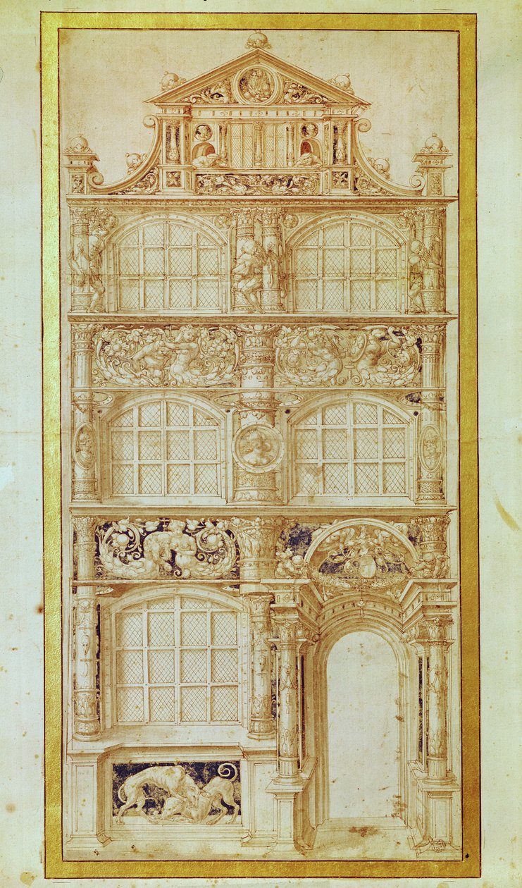 Vorschlag für die Fassade eines dreistöckigen Hauses und eines Giebels von Hans Holbein der Jüngere