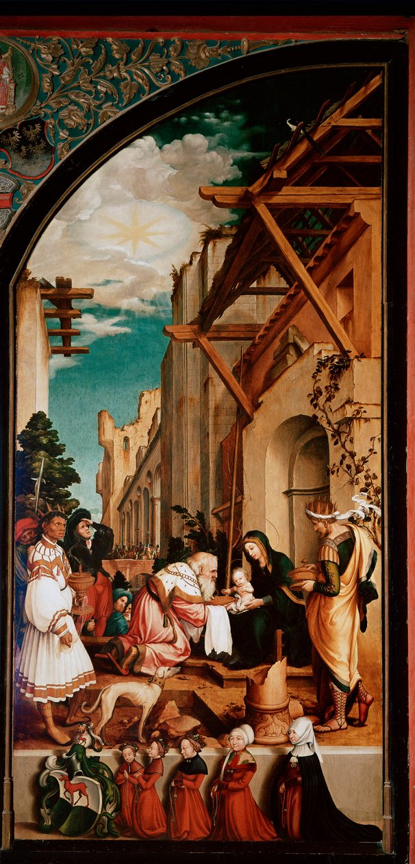 Altarbild Oberried: „Die Anbetung der Könige“ Detrempe auf Holz von Hans Holbein dem Jüngeren (1497/8-1543) von Hans Holbein der Jüngere