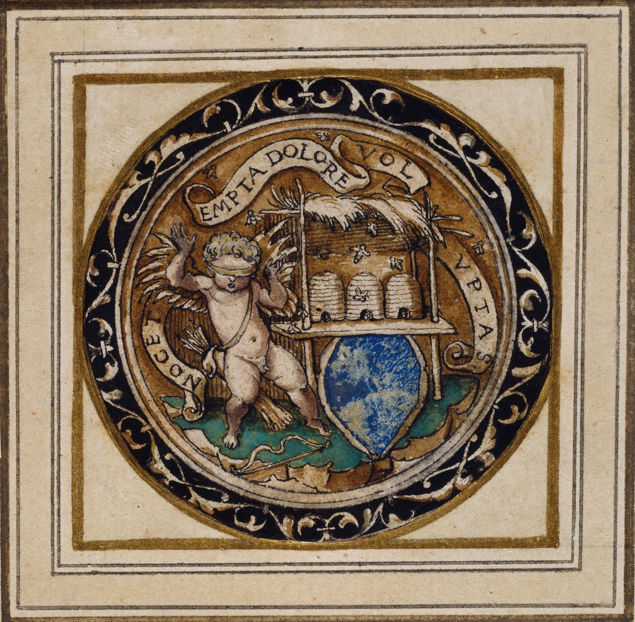 Amor von Bienen gestochen - Entwurf für ein Anhänger oder Hutabzeichen, ca. 1532-43 von Hans Holbein der Jüngere