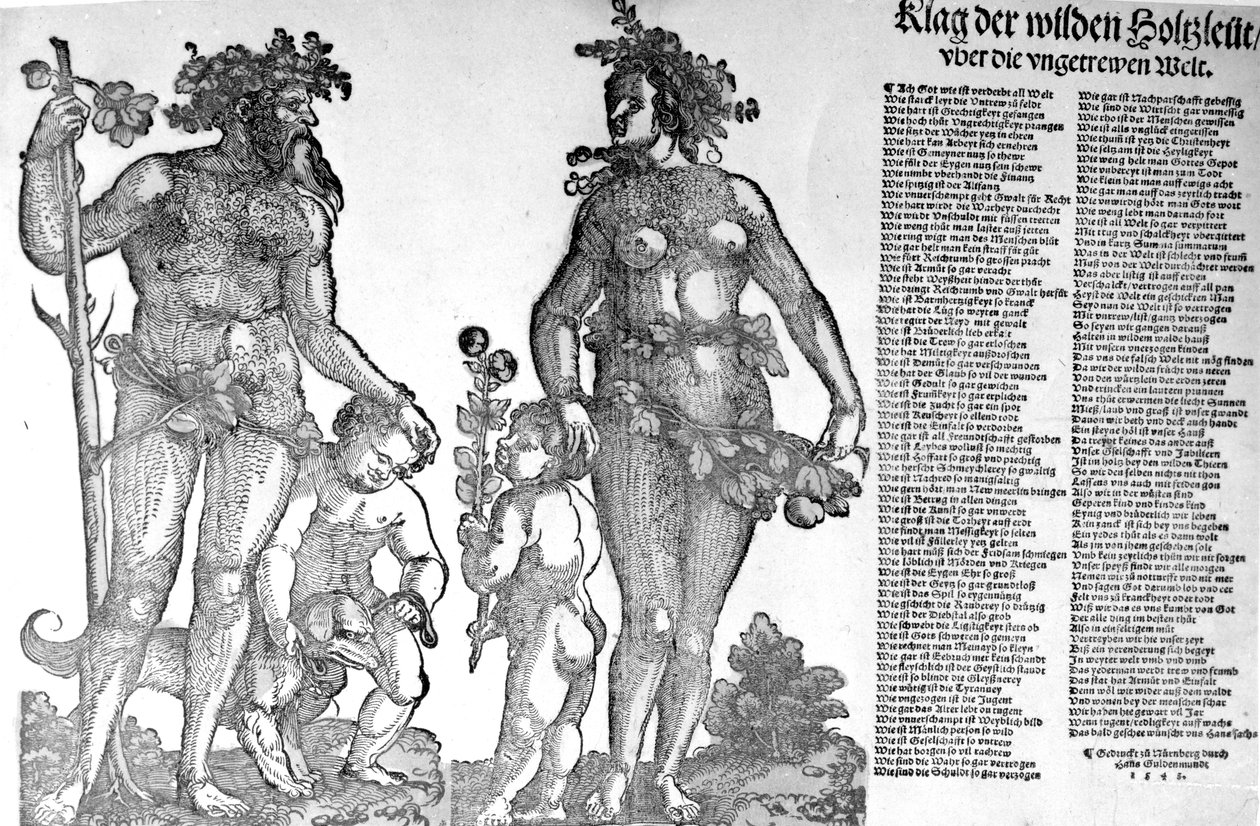 Flugblatt über den Rückzug der wilden Männer aus den Wäldern aus einer Welt, die sich zum Schlechteren verändert hat, Holzschnitt von Hans Guldenmundt, 1545 von Hans Leonard Schaufelein