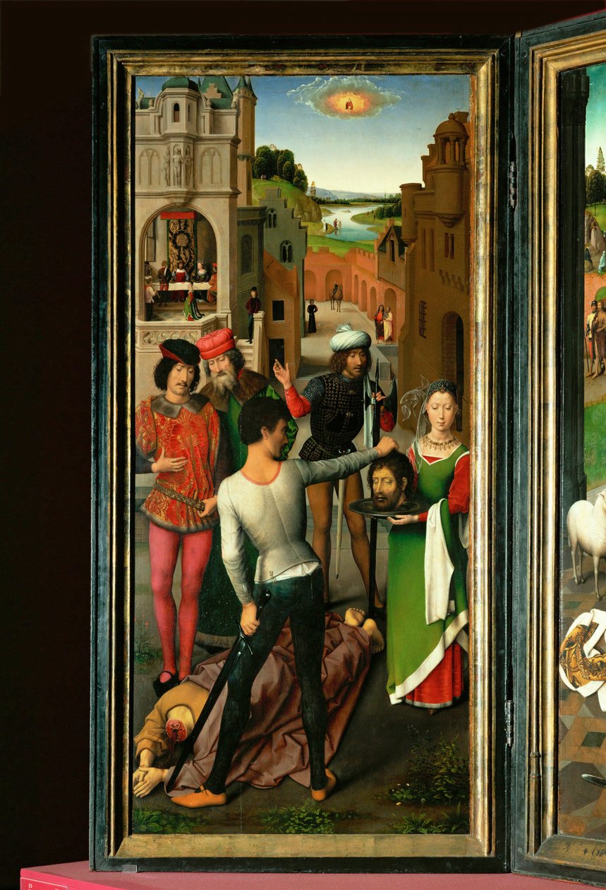 Altarbild von St. Johannes dem Täufer und St. Johannes dem Evangelisten. Linker Flügel: Enthauptung von St. Johannes dem Täufer von Hans Memling