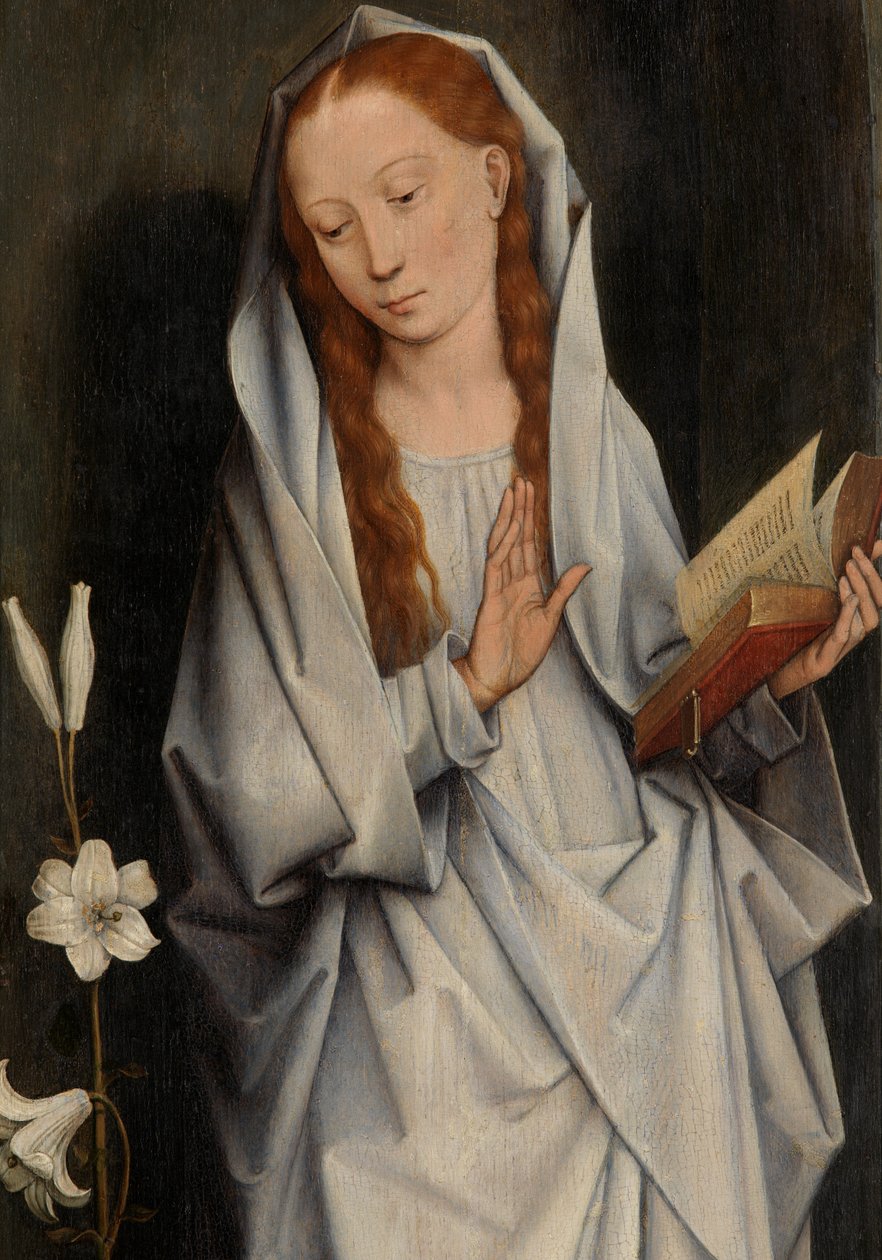 (Detail) der Jungfrau, von der Rückseite eines Flügelpaares, das die Verkündigung zeigt von Hans Memling