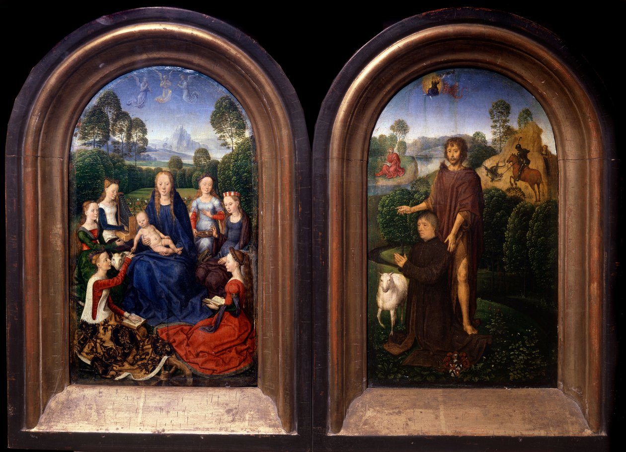 Die Jungfrau und das Kind, umgeben von Heiligen, dem Stifter und Johannes dem Täufer Diptychon von Hans Memling
