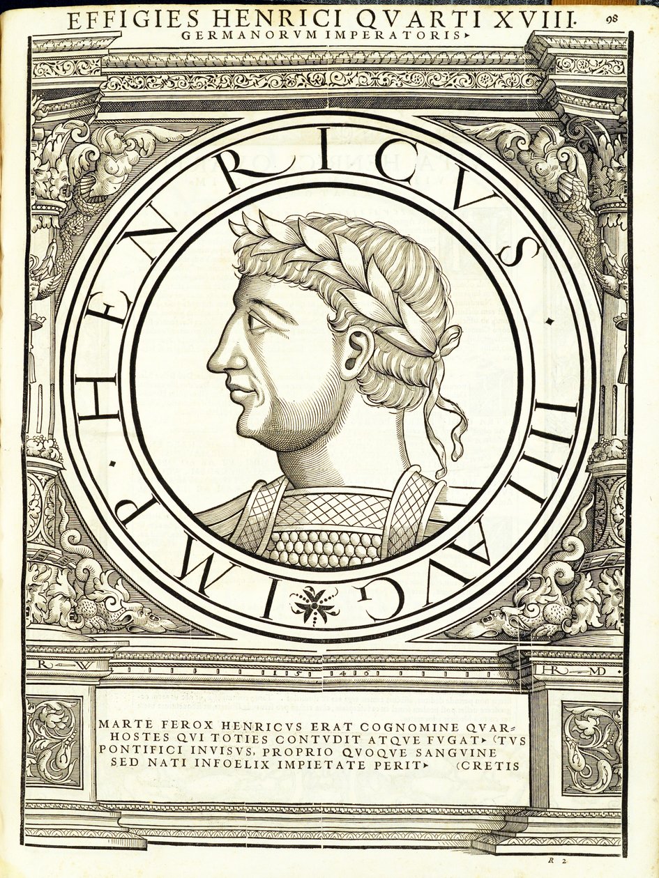 Henricus IIII, Illustration aus Imperatorum romanorum omnium orientalium et occidentalium verissimae imagines ex antiquis numismatis, Holzschnitt von Rudolph Wyssenbach, gedruckt von Andreas Gesner, Zürich von Hans Rudolf Manuel Deutsch