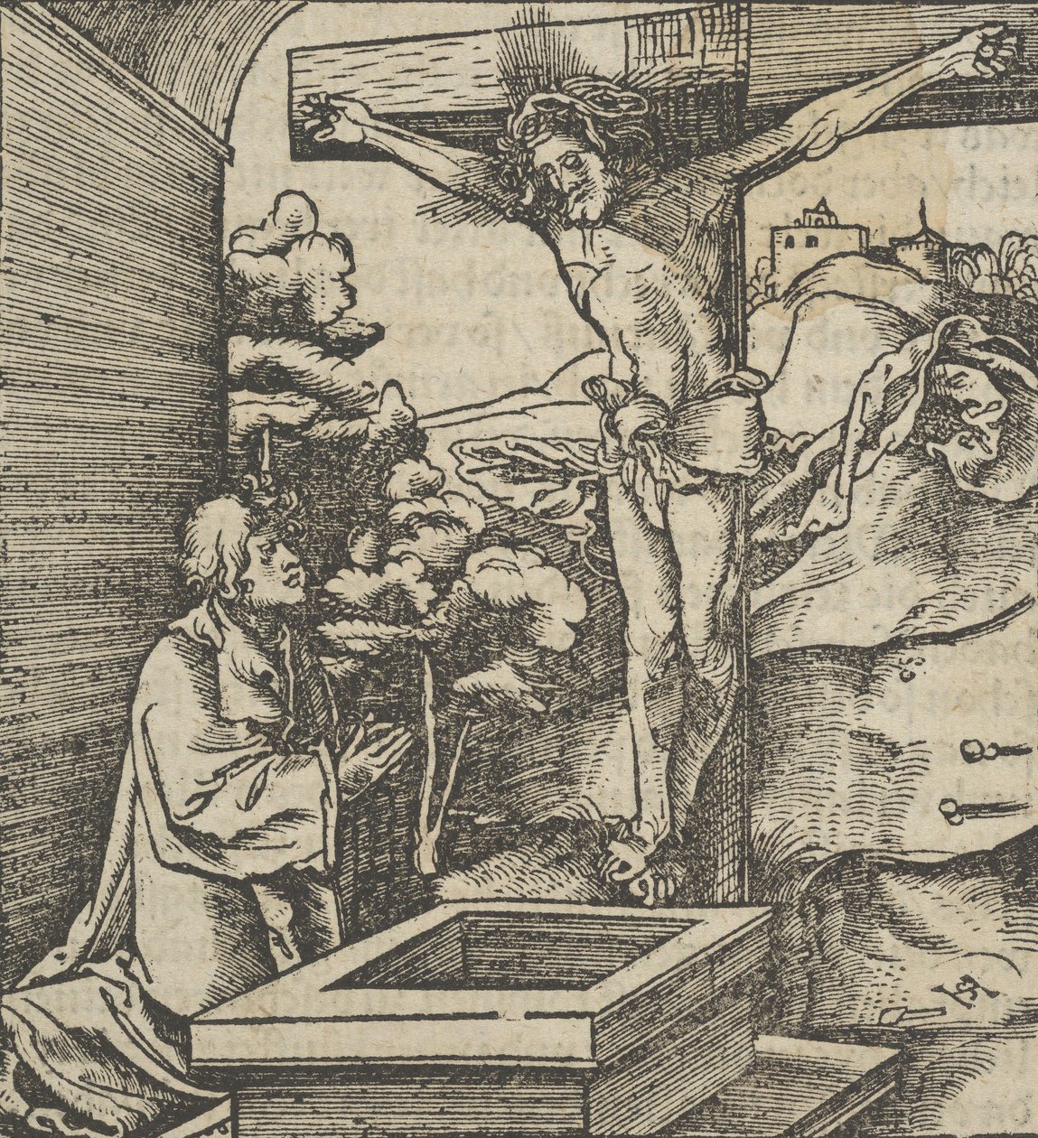 Ein Mann betet vor einem Kruzifix, aus Hymmelwagen auff dem, wer wol lebt..., 1517 von Hans Schäufelein the Elder