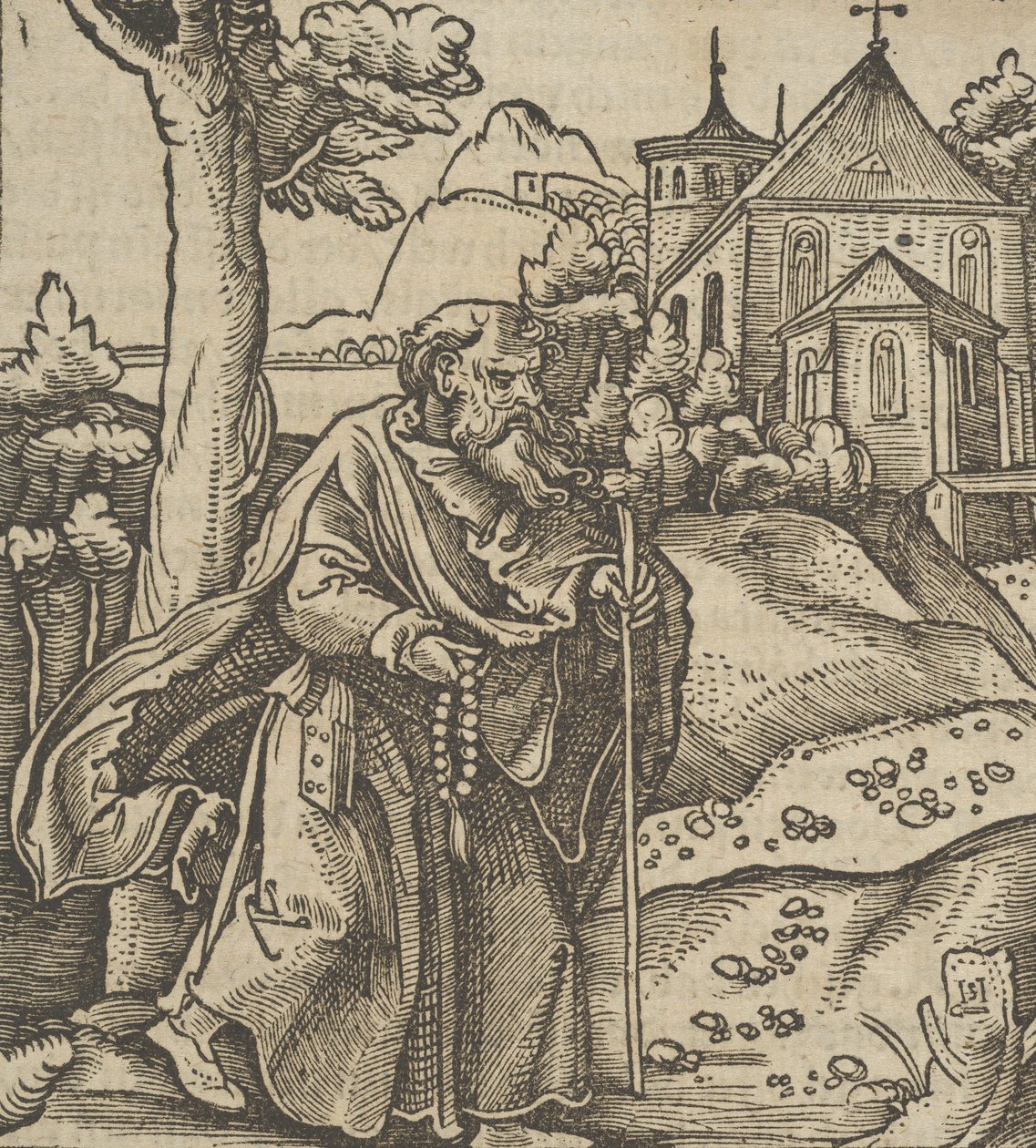 Ein alter Pilger, der nach rechts geht, aus Hymmelwagen auff dem, wer wol lebt..., 1517 von Hans Schäufelein the Elder
