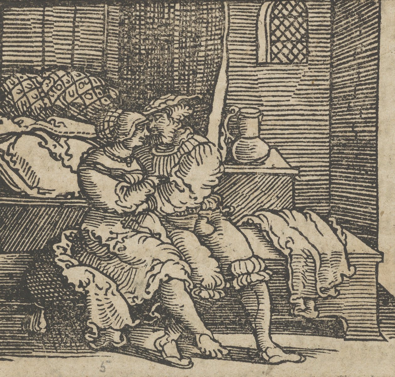 Spinneloccio in einer Truhe eingeschlossen, auf der seine Frau und Zeppa sitzen, vor 1534 von Hans Schäufelein the Elder