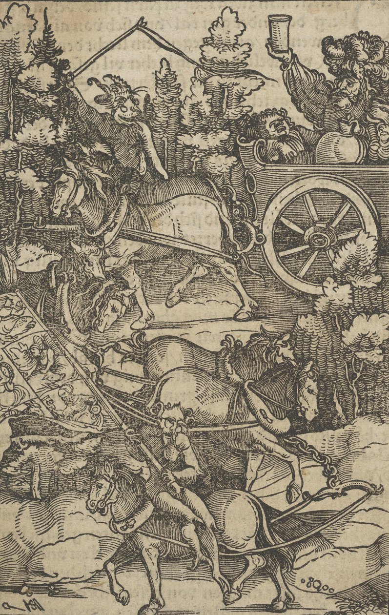 Der betrunkene Mann auf einem Wagen auf dem Weg zur Hölle, aus Hymmelwagen auff dem, wer wol lebt....., 1517 von Hans Schäufelein the Elder
