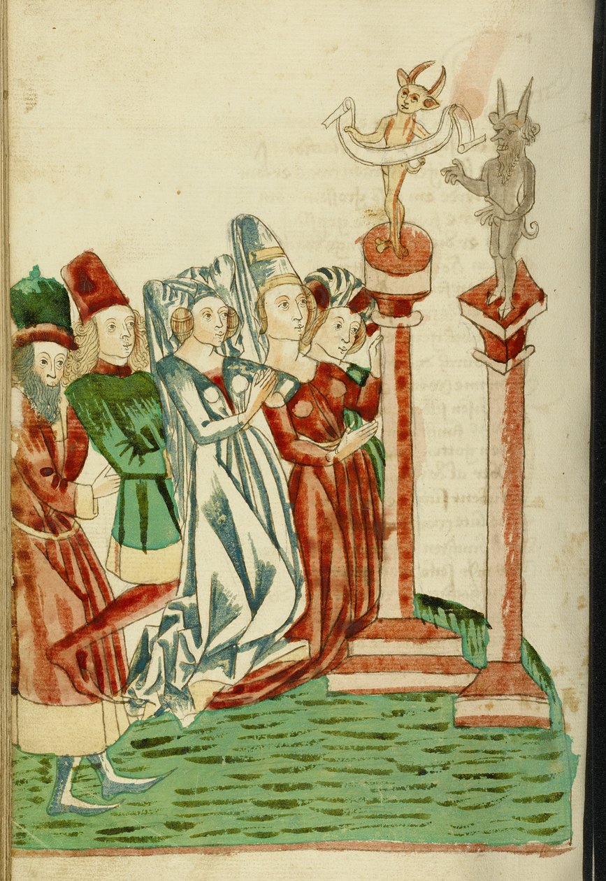 Eine Gruppe von Männern und Frauen betet zwei Idole an, 1469 von Hans Schilling