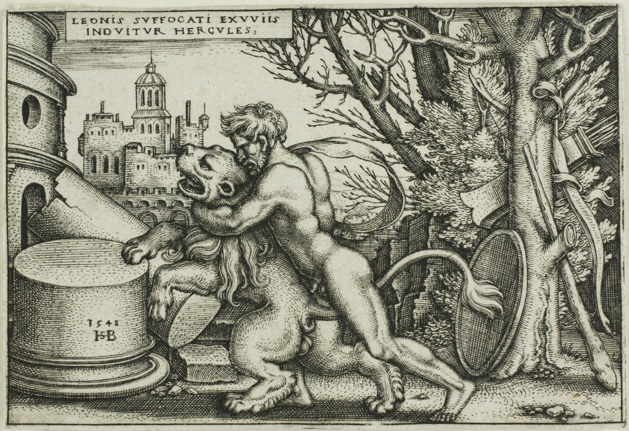 Herkules und der nemeische Löwe, aus Die Arbeiten des Herkules von Hans Sebald Beham