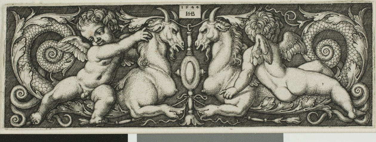 Ornament mit zwei Genien, die chimärische Tiere reiten von Hans Sebald Beham