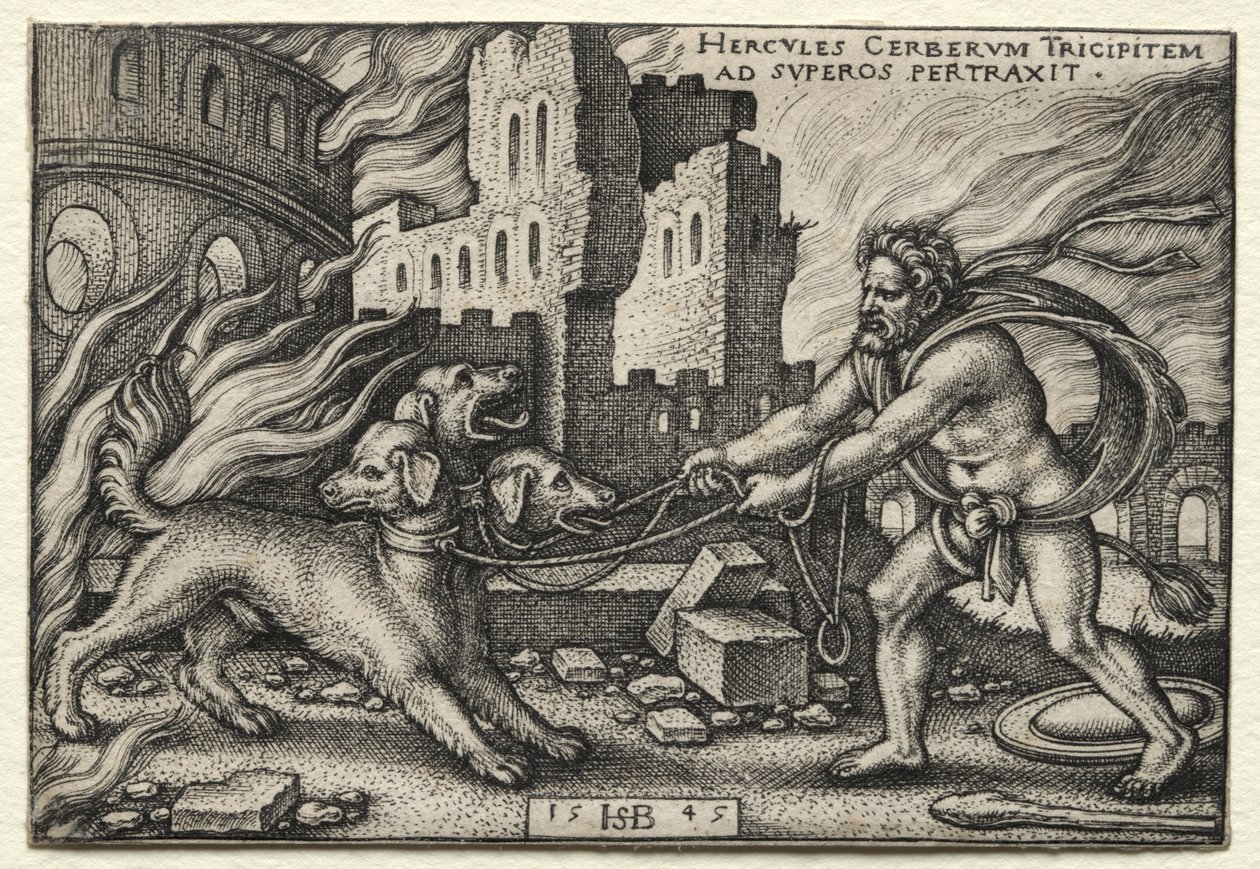 Die Arbeiten des Herkules: Herkules zieht Cerberus aus der Unterwelt, 1545 von Hans Sebald Beham