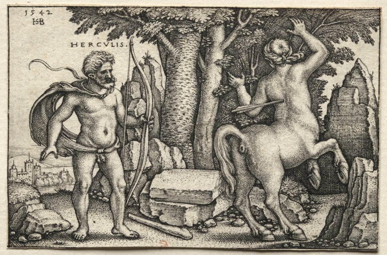 Die Arbeiten des Herkules: Herkules schießt auf Nessus, 1542 von Hans Sebald Beham