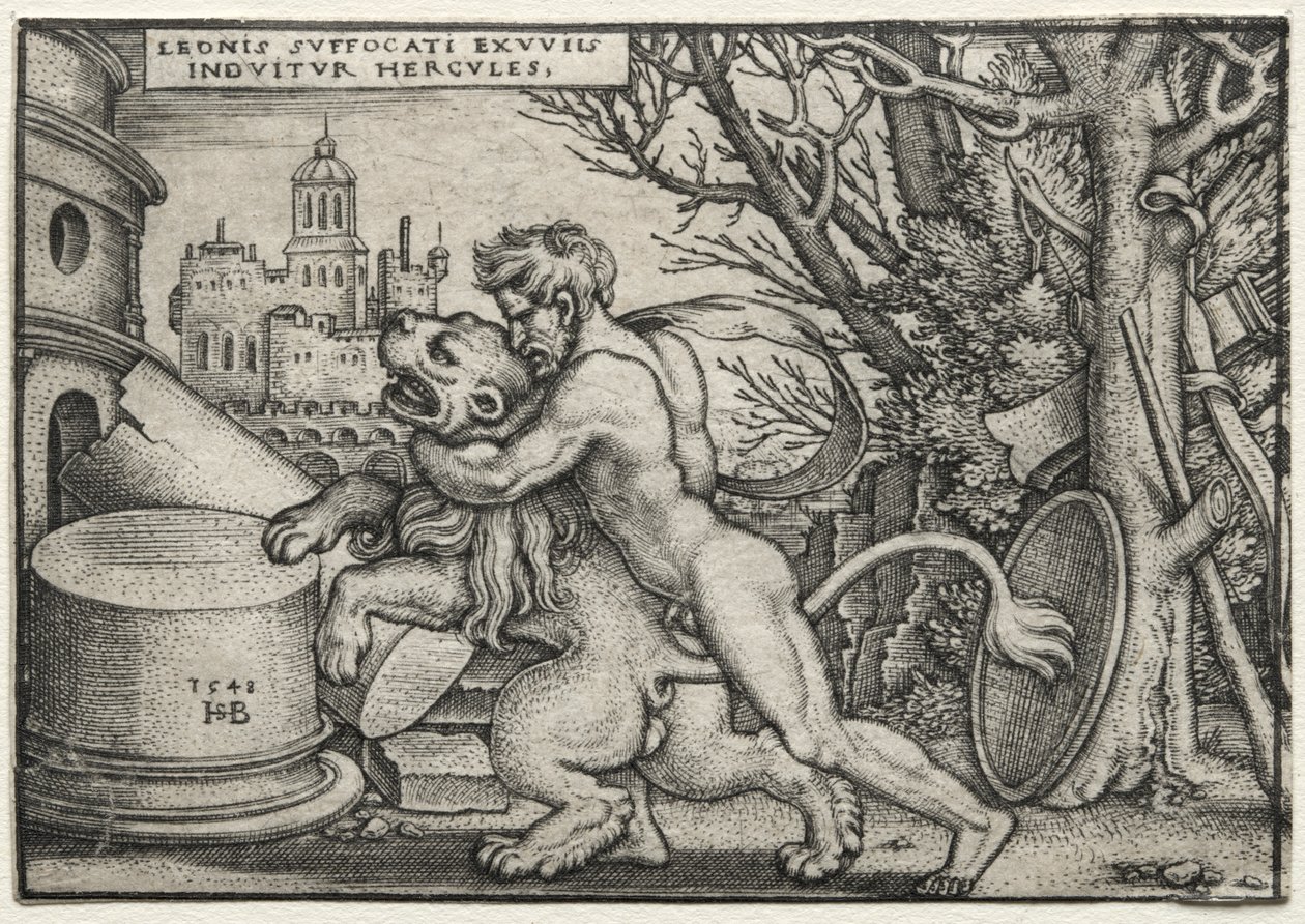 Die Arbeiten des Herkules: Herkules erwürgt den nemeischen Löwen von Hans Sebald Beham