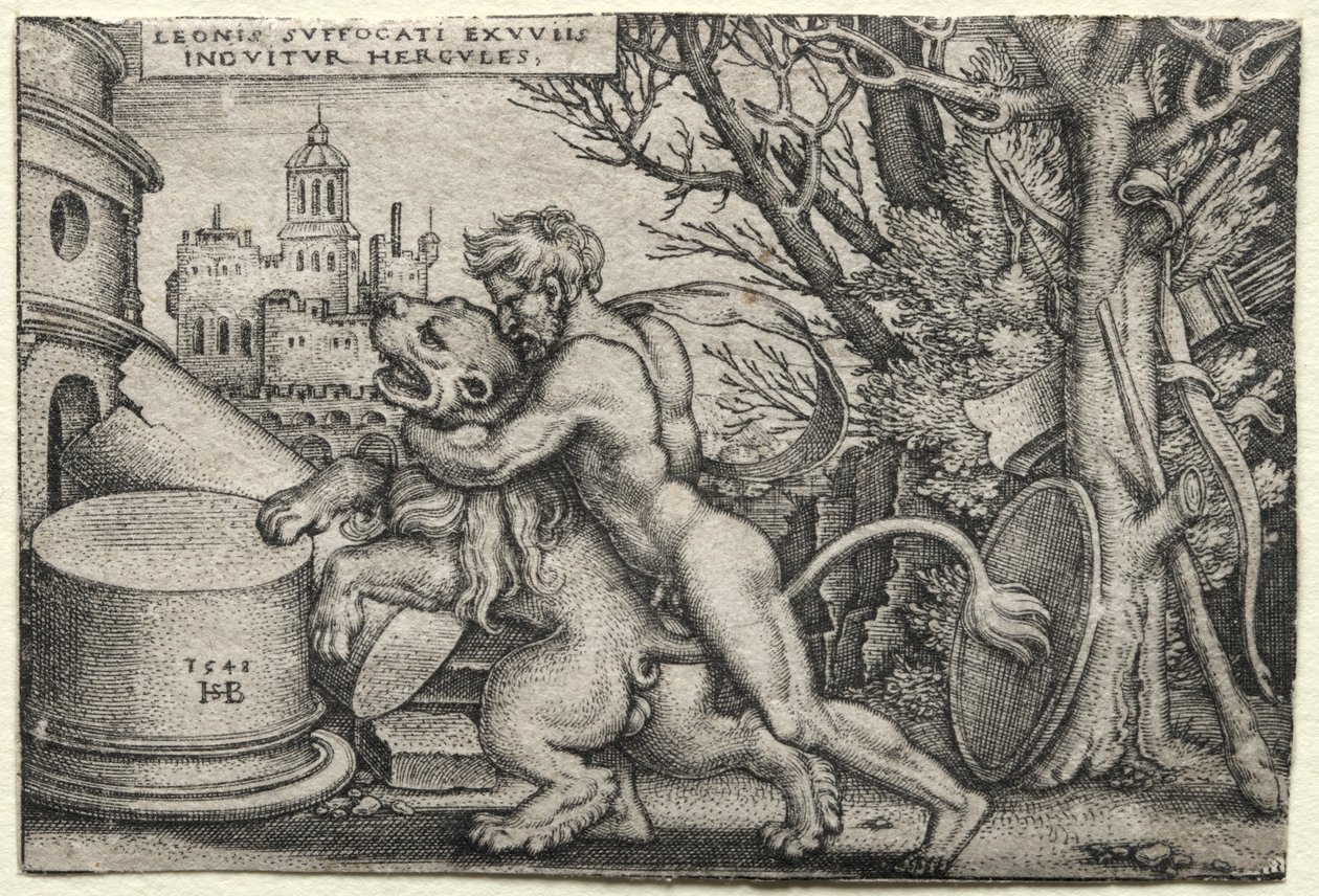 Die Arbeiten des Herkules: Herkules erwürgt den nemeischen Löwen, 1548 von Hans Sebald Beham
