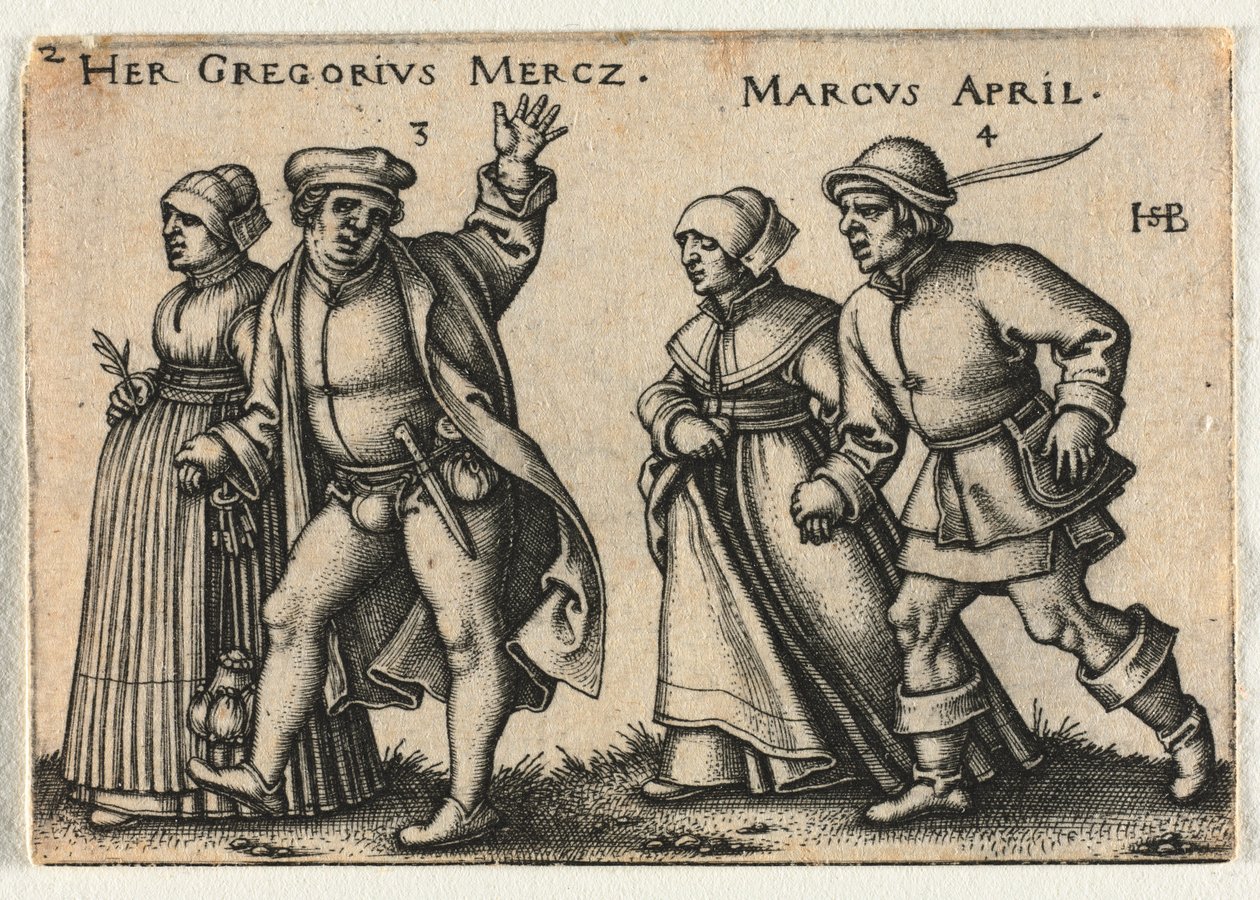 Die Bauernhochzeit oder die zwölf Monate: 3-Her Gregorius Mercz 4-Marcus April, 1546 von Hans Sebald Beham