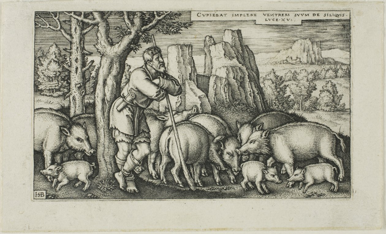 Der verlorene Sohn bei den Schweinen, Platte drei aus Die Geschichte des verlorenen Sohnes von Hans Sebald Beham