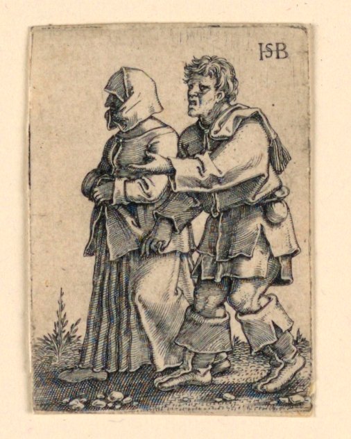 Die Hochzeitsprozession: Paar geht nach links, Frau trägt eine Haube von Hans Sebald Beham