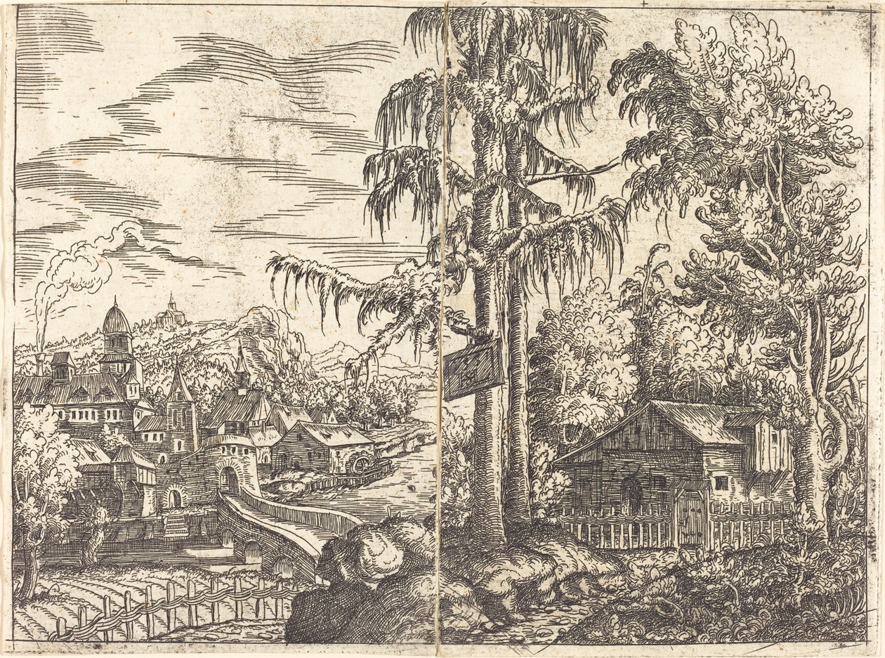 Landschaft mit Blick auf ein Bauernhaus und eine Stadt in der Nähe eines Flusses, 1551 von Hans Sebald Lautensack