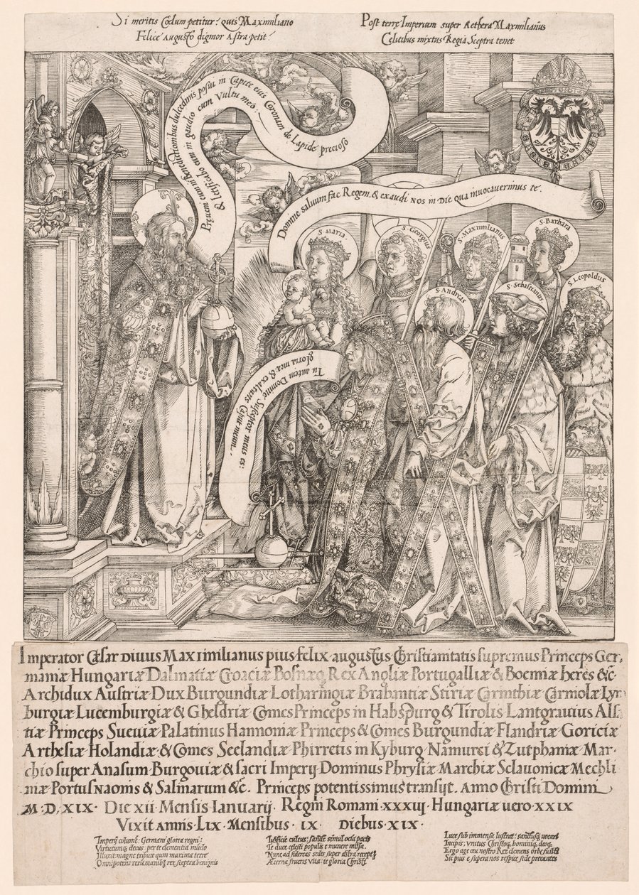 Maximilian wird von seinen Schutzheiligen dem Allmächtigen vorgestellt, 1519 von Hans Springinklee