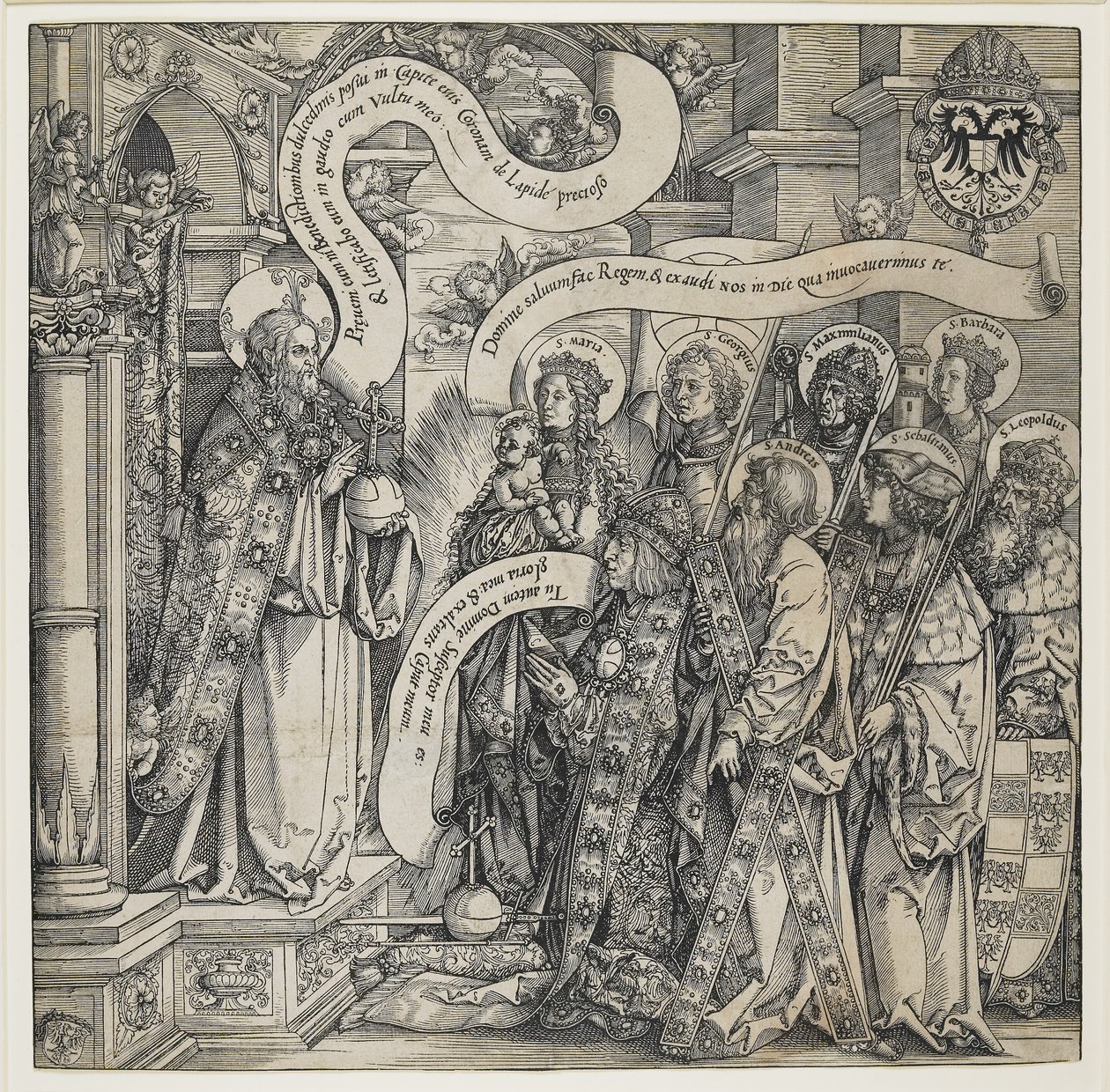 Maximilian wird von seinen Schutzheiligen dem Allmächtigen vorgestellt, 1519 von Hans Springinklee